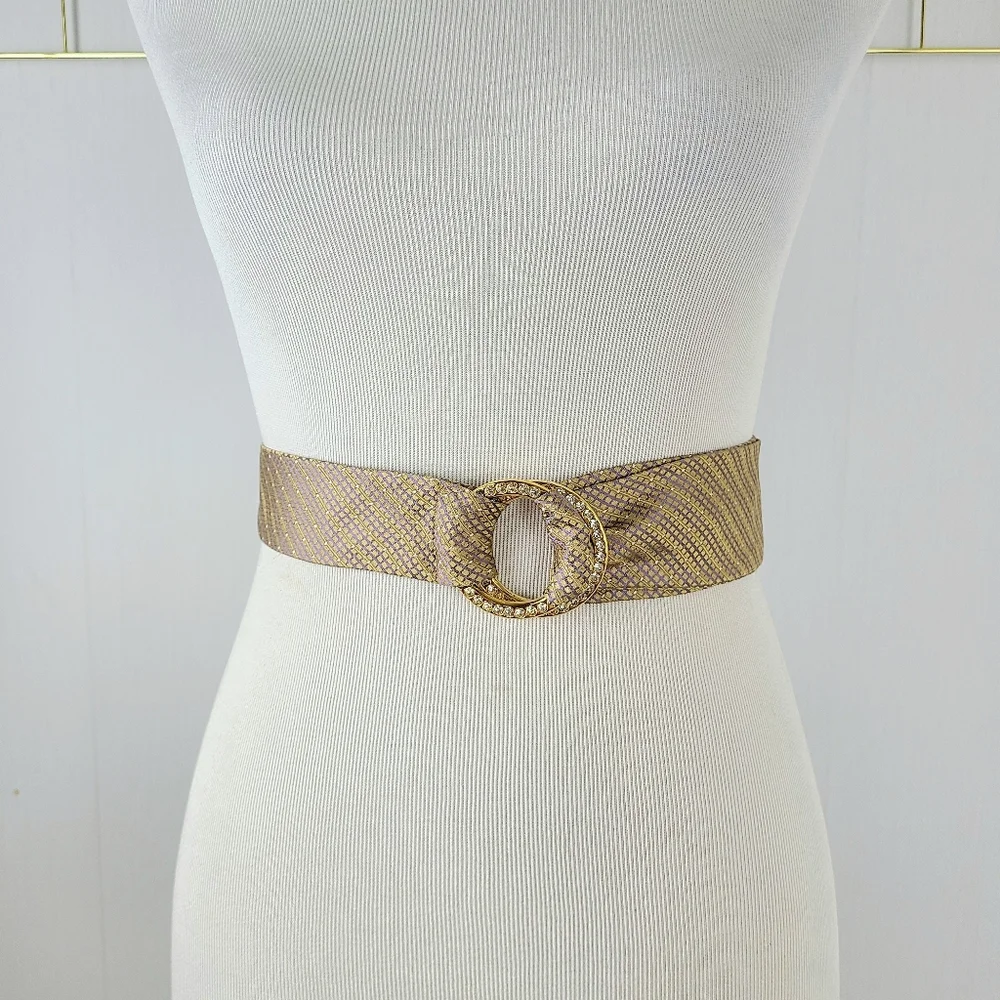 Another Line Silk Tan Paisley Vintage Rhinestone Crystal O-Ring Belt